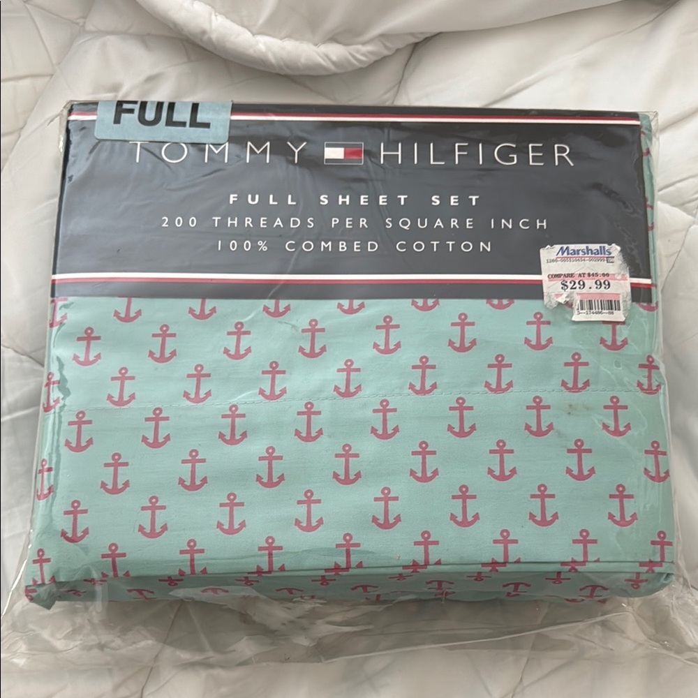 Tommy Hilfiger Full Sheet Set - Pink Anchors on Aqua New